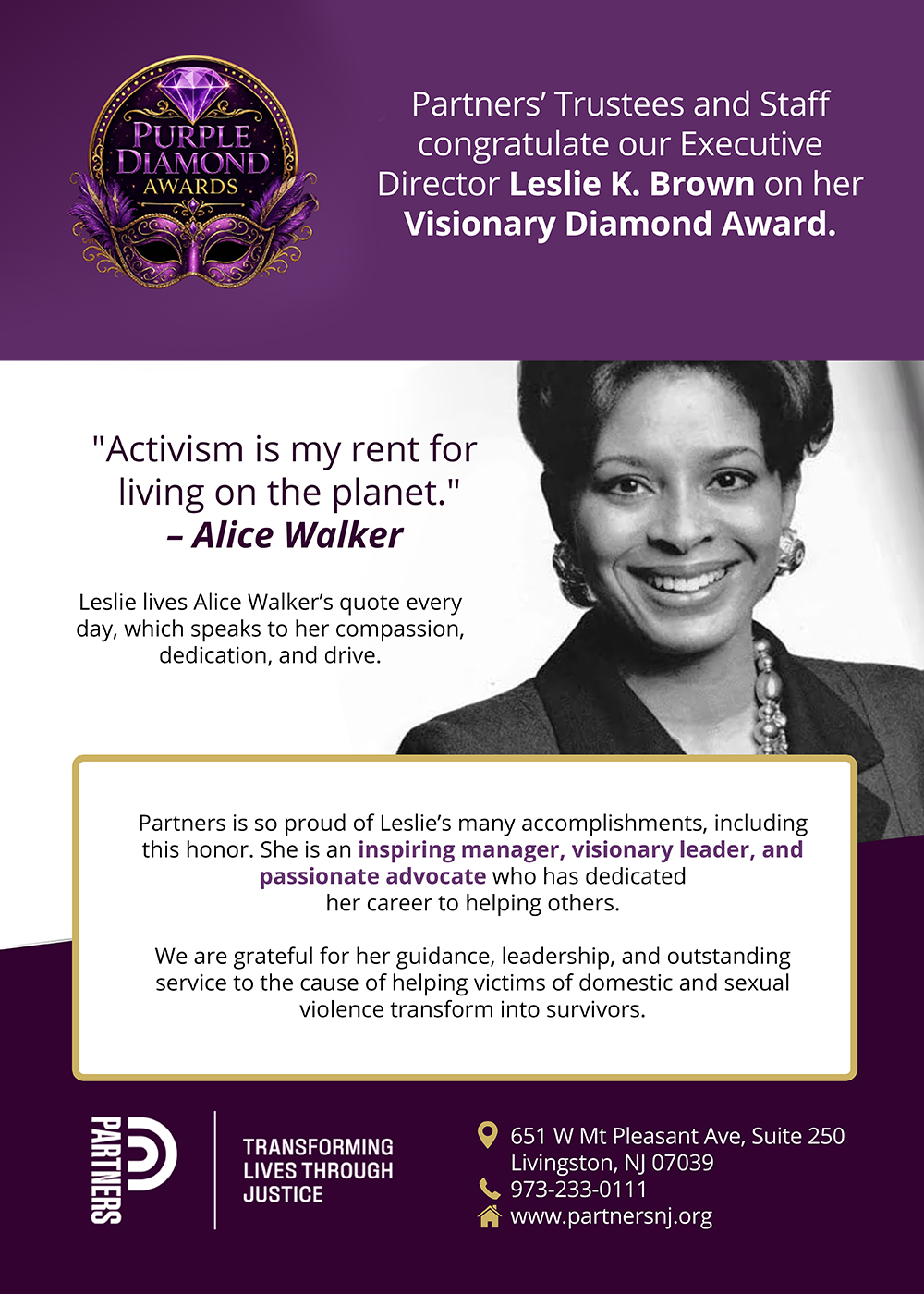 Partners congratulates Leslie K. Brown